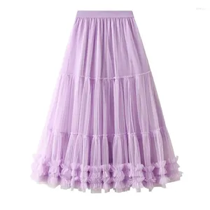 Skirts Fashionable Tiered Tutu Tulle Maxi Skirt Women 2024 Korean Elegant Mesh A Line High Waist Pleated Long Female P574