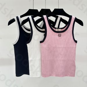 Contraste de cor malha em camisola feminino moda moda sem mangas tank tampa tops de colheita redondos sexy no pescoço