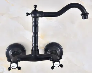 Bathroom Sink Faucets Black Oil Rubbed Antique Brass Kitchen Basin Faucet Mixer Tap Swivel Spout Wall Mounted Dual Cross Handles Mnf459