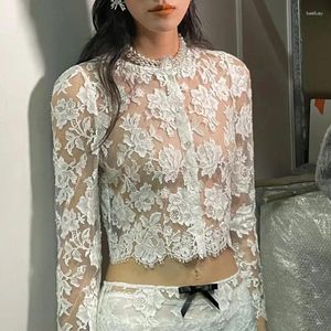 Women's Jackets White Short Lace See-through Jacket Temperament Hundred Bead Decoration Round Neck Long-sleeved Top 2024