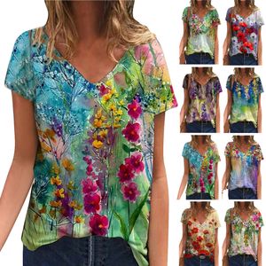 Women's Pullover V-neck Digital Printed Top Summer Short Sleeved Loose Fitting Women's T-shirt