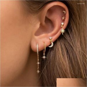 Hoop Huggie Earrings Design Stainless Steel Cubic Zirconia Chain Earring For Women Star Moon Pendant Cartilage Piercing Jewelry Drop D Ota28