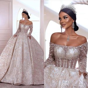 Luxurious Ball Gown Wedding Dresses Off Shoulder Long Sleeves Sequins Appliques Lace Custom Made Lace-Up Back Sweep Train Bride