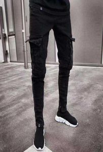 Män mager jeans multipocket slim blyertsbyxor 2021 svart nya manliga overaller gata hiphop moto cykelkläder jeans x06215369173
