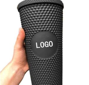 Cup svart durian matt ananasbockad kopp plastpostad nät kaffetumbler koppar med lock och halm234S3136933