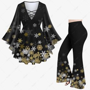 Pants Valentine's Day New Ombre Snowflake Heart Rose Flowers Star Glitter 3D Print Top Or Flare Pants Casual Festival Matching Set