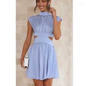 Casual Dresses Summer Fashion Pleated Short Dress Women Stand Collar Elegant A-Line Cut Out Y2K Sexy Party Sleeveless Slim Midje 25545