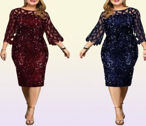 Plus -Size -Kleider Partykleid Damen Midi Pailletten Mesh Langarm Spitze Elegant Bodycon XL4XL 5XL Abend Frau Sommer 20212619810