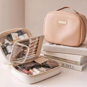 Storage Bags Toiletry Bag With Brush Board Stylish Waterproof Travel Makeup Double Layer Organizer Capacity For Women Portable Faux