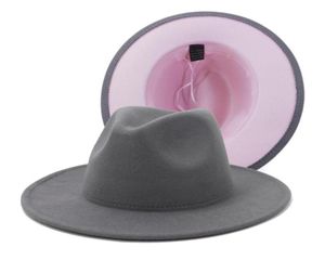 Unissex externo cinza interno rosa retalhos de retalhos de lã jazz fedora chapéus com fivela fina de fivela masculina mulher larga panamá trilby cap229093867684