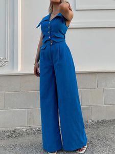 Women Turndown Collar 2CPS -Outfit Spring Summer Loungewear Wide Leg Hosen passende Sets Short Top Ladies Suits Streetwear 240412