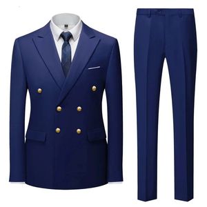 Fashion Mens Casual Boutique Double Breasted Suit Trousers Mans Business Jacket Blazers Coat Pants 2 Pcs Set 240407