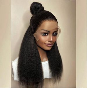 26 -tum 180densitet Glueless Jet Black Colored Yaki Kinky Straight Lace Front Wig For Women Bunds med stängningsvärmebeständig Fibe6472226