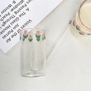 Copos de vinho 300 ml de vidro vintage copo de tulipa água transparente com palha resistente ao calor suco de leite caneca de café