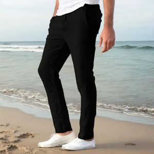 Calça masculina masculina linho de algodão casual respirável solto longa cintura elástica da cintura sólida calça reta vintage slim