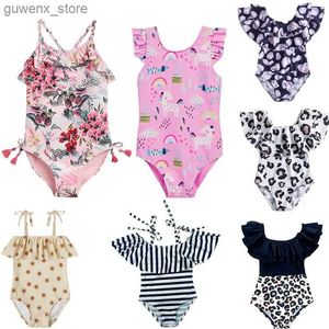 Pieces One Piece Swimsuit Swimsuit Striped Leopard Stampare estate spiaggia bikini per bambini da bagno da bagno stretto costume da bagno baby y240412