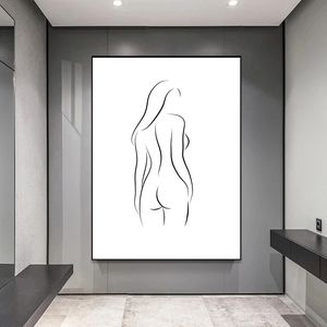 Ретро черно -белая сексуальная женщина холст линия плаката фигура обнаженная для девушек рисунок картинка для гостиной спальни декор