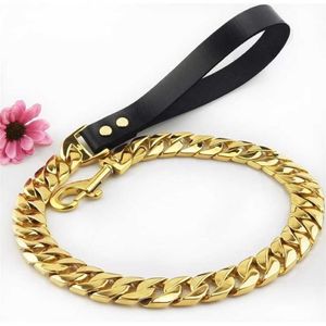 Dog Leash Collar Pet Lead Aço inoxidável Cadeia de colarinho de ouro super forte personalizada 32mm Bulldog Pitbull Large Dog Collar Leash 20275N