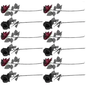 Flores decorativas 12 PCs doméstica Black Rose Noiva Artificial Bouquet Realista Silk Flower Faux Gesso