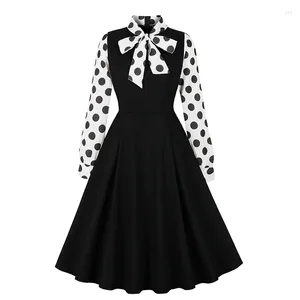 Casual Dresses Women Fashion 2024 Long Sleeve Polka Dot Printed Vintage Retro Office A Line Party Pin Up Knee Length