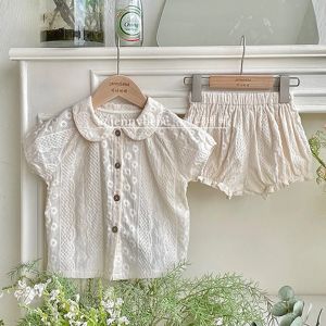 Shorts vintage linne bomull baby set sommar kort puff hylsa spädbarn barn skjorta+pp shorts kostym för småbarn flickor barn kläder set