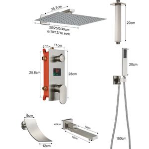 Borstad nickel LCD Display duschkran dolda badduschuppsättning 3-vägar badrum tub mixer kran vattenfall pip kran