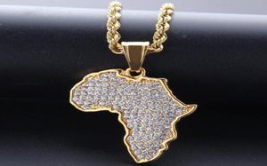 Hip Hop African Maps Full Drill Pendant Halsband 14kk Gold Plated Set Auger Crystal rostfritt stål halsband Mens kvinnor smycken G9223270