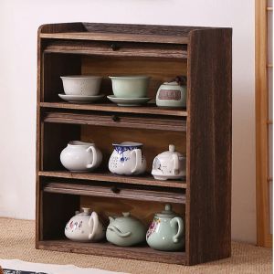 Solid Wood Tea Cup Cabinet Bo Ancient Frame for Living Room Decor Dustproof Curtain Door Teapot Organizer