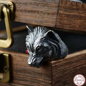 100% realer S925 Sterling Silver Wolf Kopf offener Ring für Männer Frauen Geschenk Vintage Thai Punk Tierschmuck kostenlose Lieferung240412