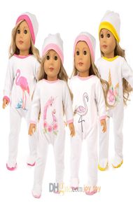 Pijama de boneca de 18 polegadas Apreselia de sono de uma peça com chapéu unsicorn havor avestruz flamingo para 18 polegadas American Girl Doll9513622