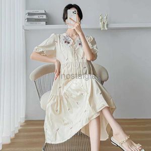 Maternity Dresses French Style Vintage Maternity Dress Sweet Floral Embroidereied Peter Pan Collar Pregnant Woman A-Line Dress Button Fly Clothes 24412