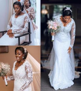 Wspaniałe 2021 Białe afrykańskie sukienki ślubne syreny koronkowe Plusowe rozmiar pełne rękawy Aplikacje Kościaczkowe Vestidos de novia długie ślubne gow22222482