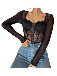 Women's T Shirts Women S Long-sleeved Tops Short Transparent Lace Stitching Breasted Fishbone Square Collar Sexy Girl Wind Chest Mesh Black