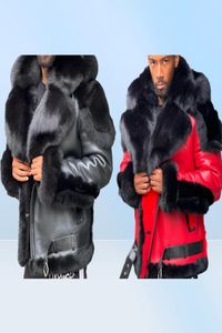 MEN039Sファーフェイクレザー冬のジャケット厚いベルベットカラーフード付きジッパーカラーブロックパッチワークファッションレッドメン1260690