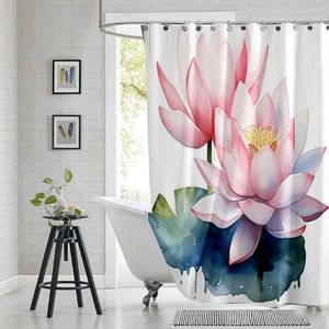 Duschgardiner lotus blomma abstrakt gardin rosa vita gröna blad tryckt polyester tyg vattentätt badrum med krokar