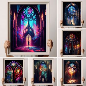 Nordic Cathedral Poster Colorful Church Window Painitng Canvas Prints Living Room Home Decor Religious Wall Art Murals Unframed