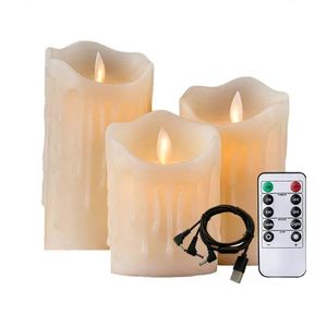 Set of 3 USB Rechargeable Flickering Dripped Paraffin Wax Pillar Candle lamp Remote control wtimer Dancing wick Home Decoration 240412