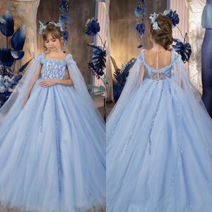 Baby blue princess Flower Girls Dresses with cape beaded girl Pageant Gowns Kids First Communion Dress illusion back a line birthday dress