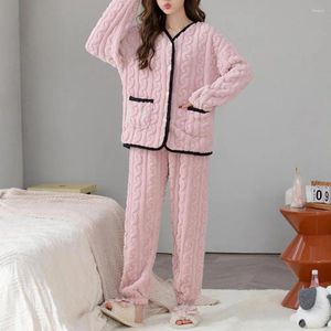 Kvinnors sömnkläder Kvinnor Pyjama Set Soft Plush Loungewear Mysiga vinterpyjamas för V Neck Coat Elastic midja bekvämt