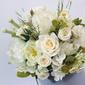 Hochzeitsblumen 30x26cm Braut Bouquet Home Blumen weiße Pfingstrosen Rosenkamille Simulation Blume Bündel Handheld 604