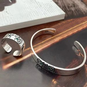 Real S925 Silver Jewelry Trendy Personality Domineering Tiger Head Simple Open Man Ring and Bracelet240412