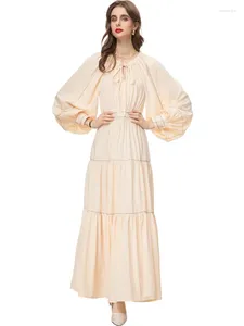 Sukienki zwykłe wiosenne projektant mody Beige vintage imprezowy sukienka dla kobiet o długim rękawie Frenalum High talia Slim A-Line