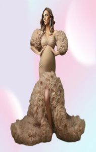2021 Champagne Tulle Kimono Kvinnakvällsklänningar bär poshoot halv ärmar av axel prom klänningar afrikanska ruffles sjöjungfru SPL4295202