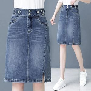 Scherma di gonfie split jean a-line woman 2024 estate high waist doppi bottoni blu midi per donne in ufficio coreano denim