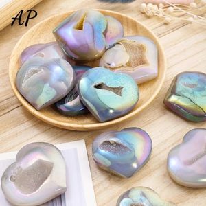 Decorative Figurines 1PC Natural Crystal Electroplate Agate Heart Shape Reiki Druzy Geode Healing Stone Colorful Love Carved Home Decor