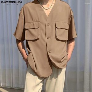 Camicie casual maschile in stile coreano Mashion Cargo Pocket Design Solid All-Match V-Neck Shorte Blough S-5XL Incerun Tops 2024