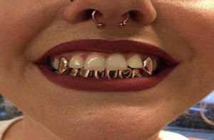 18k Real Gold Grillz Boca dental Fang Brace Brace Punk Hiphop Up 2 Inferior 6 Dentes Cosplay Cosplay Fantas