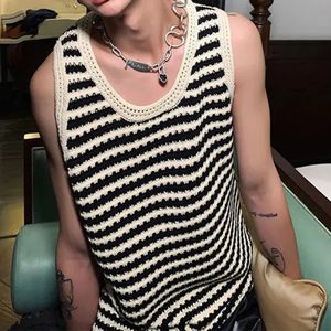 Striped Knitted Summer Tanks Tops Mens ONeck Korean Knitwear Shirts Sleeveless Streetwear Loose Top Vintage Cropped Sexy 240412