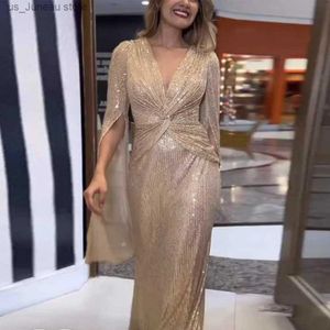 Urban Sexy Dresses Women Evening Dress Split Slves DP V Neck Shiny Sequin Slim Fit Full Längd Solid Color Women Prom Banquet Dress T240412