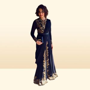Altın Emporidery Aplike Boncuklu Abaya Dubai Chiffon Kaftan Arapça Balo Elbisesi Siyah Uzun Kollu Ön Yarık Akşam Elbisesi8444878